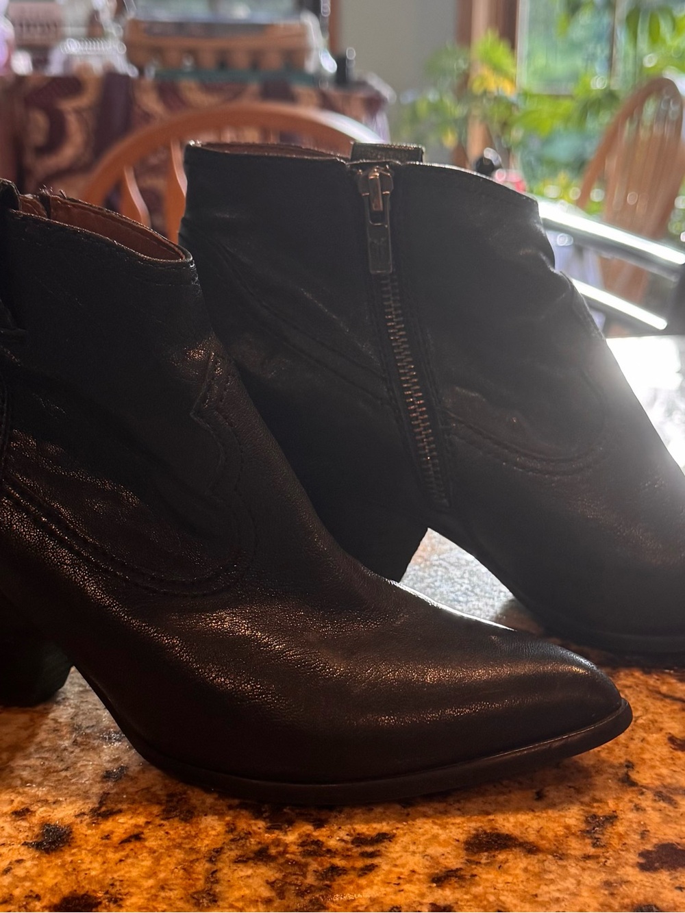 Frye Black Leather Pointed Ankle Booties with Side Zip